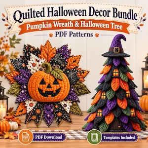 Pode incluir: Um conjunto de moldes PDF Quilted Halloween Decor Bundle com uma guirlanda de abóbora com folhas de tecido laranja, roxas e pretas e uma árvore cónica decorada com folhas de tecido roxas, laranja e verdes, um chapéu de bruxa e pequenas janelas.