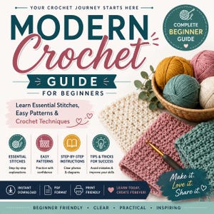 May include: A digital guide titled Modern Crochet Guide for Beginners featuring text about essential stitches, patterns, and techniques. The image displays a wicker basket filled with mustard, pink, teal, and white yarn balls next to crocheted swatches.