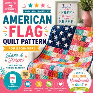 Op de afbeelding: Een digitaal patroon voor een quilt in de stijl van de Amerikaanse vlag met een blauw veld met witte sterren en veelkleurige bloemrijke patchworkstroken. De tekst luidt American Flag Quilt Pattern, Stars & Stripes en Land of the Free Because of the Brave.