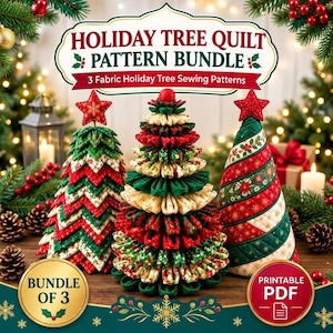 Op de afbeelding: Een Holiday Tree Quilt Pattern Bundle met drie stoffen kerstboom naaipatronen. De afbeelding toont drie verschillende stoffen bomen in rood, groen en crème, met de tekst Holiday Tree Quilt Pattern Bundle.