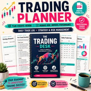 Op de afbeelding: Een spiraalgebonden tradingplanner met een donkerblauwe kaft, een kleurrijke stierillustratie, candlestick-grafieken en de tekst The Trading Desk. De planner wordt omringd door open pagina's met een pre-trade checklist en een dagelijks handelslogboek.