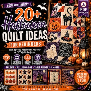 Może przedstawiać: Cyfrowy przewodnik do pobrania w formacie PDF zatytułowany 20+ Halloween Quilt Ideas for Beginners, zawierający wzory patchworkowe z dyniami, czarnymi kotami, duchami i pajęczynami. Okładka prezentuje różne projekty quiltów i ikony szycia.