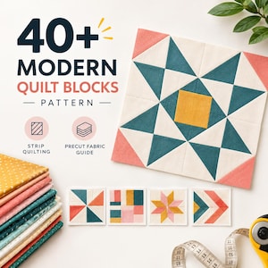 Puede incluir: Una guía de patrones titulada 40+ MODERN QUILT BLOCKS con un bloque de edredón grande en forma de estrella en color verde azulado, crema y coral con un centro amarillo. Incluye una pila de telas dobladas, cuatro muestras cuadradas y un cortador.