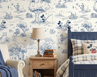 Retro Mickey and Minnie Toile Wallpaper, Vintage Cartoon Disney Pattern, Storybook Kids Room Wallpaper, Cottagecore Nursery Decor