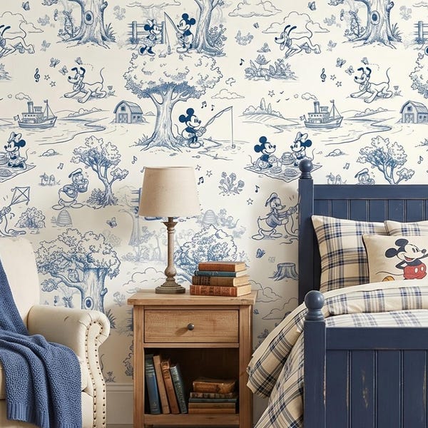 Retro Mickey and Minnie Toile Wallpaper, Vintage Cartoon Disney Pattern, Storybook Kids Room Wallpaper, Cottagecore Nursery Decor