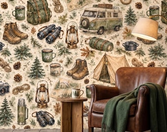 Camping Wallpaper, Woodland Adventure Wallpaper, Rustic Boys Room Wall Mural, Forest Nursery Wallpaper, Outdoor Cabin Peel and Stick Wall