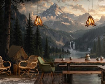 Dark Forest Mountain Wall Mural, Moody Nature Wallpaper, Camping Landscape Wall Decor, Pine Forest Wallpaper, Cabin Wall Art