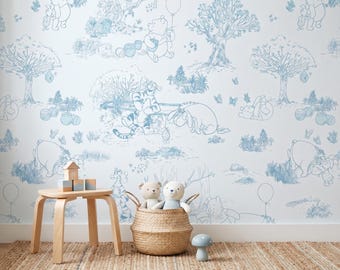 Vintage Winnie The Pooh Toile Nursery Wallpaper, Neutral Baby Room Wallpaper, Minimalist Kids Wall Decor, Pooh Bear Line Art