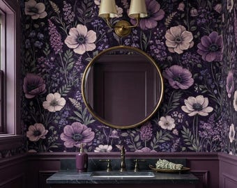 Dark Purple Floral Wallpaper, Moody Botanical Wall Art, Vintage Flower Pattern, Cottagecore Wallpaper, Romantic Floral Background