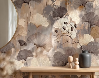 Neutral Ginkgo Leaf Wallpaper, Japandi Wall Mural, Beige Botanical Wallpaper, Minimalist Nature Wall Decor, Modern Organic Wallpaper