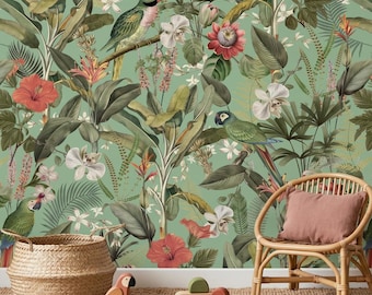 Vintage Botanical Parrot Wallpaper, Tropical Bird Wallpaper, Exotic Floral Jungle Wall Mural, Luxury Green Wallpaper, Maximalist Nature