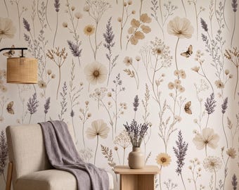 Neutral Botanical Wallpaper, Beige Floral Wall Mural, Wildflower Wall Mural, Soft Aesthetic Nature Wallpaper, Minimalist Boho Japandi Decor