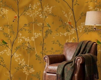 Vintage Bird Wallpaper, Mustard Yellow Botanical Wall Mural, Birds on Branches Pattern, Nature Inspired Wallpaper, Cottagecore Wall Decor