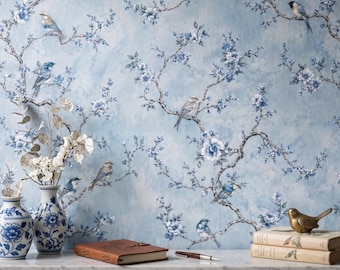 Blue Floral Bird Wallpaper, Japandi Wall Mural, Chinoiserie Style Wallpaper, Soft Blue Nature Wall Decor, Elegant Vintage Botanical Birds