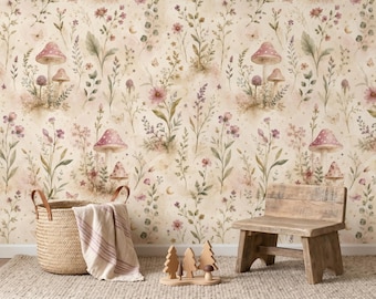 Whimsical Mushroom Wallpaper, Cottagecore Nursery Wallpaper, Fairy Garden Floral Wall Mural, Vintage Botanical Kids Room Decor