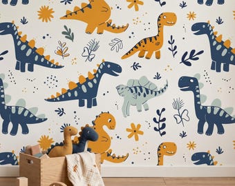 Cute Dinosaur Peel and Stick Wallpaper , Dinosaur Nursery Wallpaper, Kids Room Wallpaper, Dino Wall Mural, Scandinavian Nursery Decor