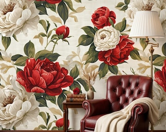 Vintage Red Peony Wallpaper, Floral Removable Wallpaper, Cottagecore Wall Mural, Romantic Farmhouse Wallpaper, Elegant Botanical Decor