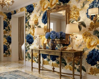 Luxury Vintage  Navy Blue and Gold Floral Wallpaper, Blue Hydrangea Wallpaper, Vintage Botanical Wall Mural, Elegant Navy Flower Wallpaper