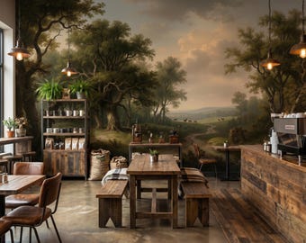 Vintage Woodland Mural Wallpaper, Rustic Forest Wall Mural, Moody Countryside Wallpaper, Luxury Nature Wall Decor, Cottagecore Wall Art