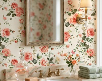 Vintage Rose Wallpaper, Romantic Floral Wallpaper, Cottagecore Wall Mural, Shabby Chic Wallpaper, Feminine Botanical Decor