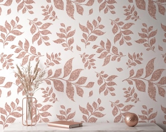 Rose Gold Leaf Wallpaper, Glitter Botanical Wallpaper, Luxury Neutral Wall Decor, Modern Japandi Wall Design, Peel and Stick Wallpaper