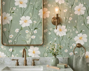 Soft Green Floral Wallpaper, Biophilic Daisy Wall Mural, Nature Inspired Botanical Wallpaper, Sage Green Flower Wall Decor