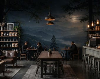 Dark Forest Mountain Wallpaper Mural, Moody Moonlight Landscape Wall Mural, Luxury Cabin Wall Decor, Night Nature Wallpaper