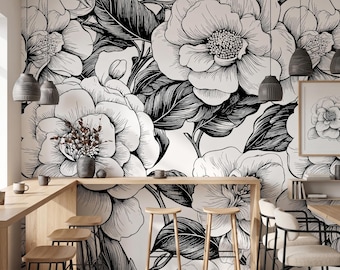 Black White Floral Wallpaper, Large Flower Wall Mural, Japandi Botanical Wall Decor, Modern Minimalist Floral, Neutral Living Room Decor