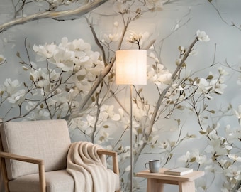 Japandi Floral Wallpaper, Soft Neutral Wall Mural, Minimalist Cherry Blossom Wall Art, Beige Gray Botanical Wallpaper, Modern Bedroom Decor