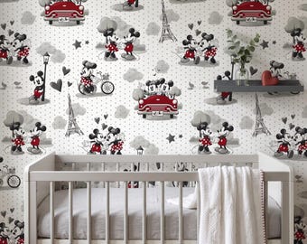 Mickey Minnie Paris Wallpaper, Romantic Kids Room Decor, Eiffel Tower Cartoon Wallpaper, Neutral Red Black Nursery Mural, Vintage Love Theme