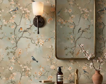 Vintage Bird and Blossom Floral Wallpaper, Chinoiserie Wall Mural, Neutral Sage Green Cottagecore Wallpaper, Grandmillennial Decor
