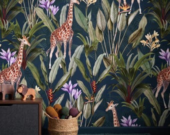 Giraffe Jungle Wallpaper, Tropical Safari Wallpaper, Luxury Botanical Animal Wall Mural, Kids Room Safari Decor, Exotic Dark Green Wallpaper
