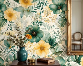 Vintage Botanical Floral Wallpaper, Sage Green & Mustard Yellow Wall Mural, Cottagecore Peel and Stick Wallpaper, Elegant Flower Wallpaper
