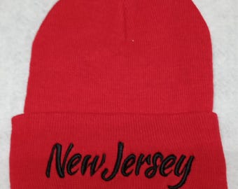 Red New Jersey Beanie, 3D Black Embroidery Knit Hat