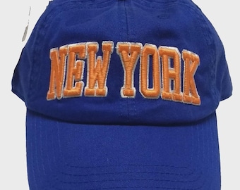 New York  Royal Blue Adjustable Cotton Slouch Hat with Orange/White Team Color Embroidery.