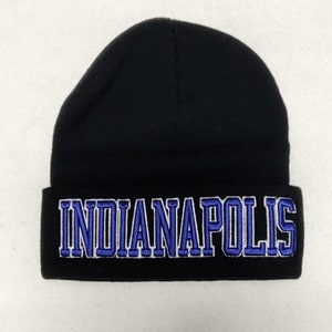 INDIANAPOLIS Football Black Beanie with Blue/White raised 3D Embroidery!  Adult one size will easily stretch to fit most all!
