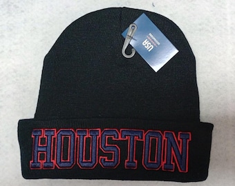 Houston Beanie, Black Knit Cap with Red/Navy 3D Embroidery