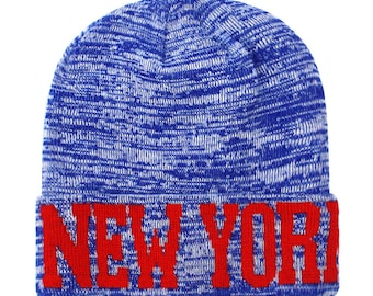 New York Knit Beanie: Royal Blue, Red, and White, Unisex Acrylic