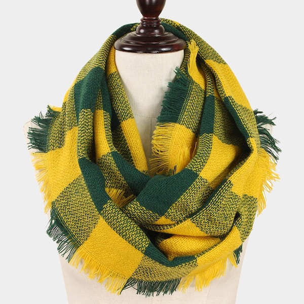 Vibrant Green  and Gold  Buffalo Check Infinity Scarf with Fringe