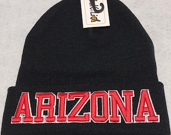 Arizona Beanie, Red/White 3D Embroidery, Knit Adult Size