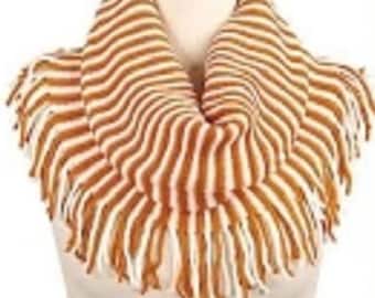 Orange and White Game Day Stripe Team Color Tubular Scarf/Snood with Fringe
