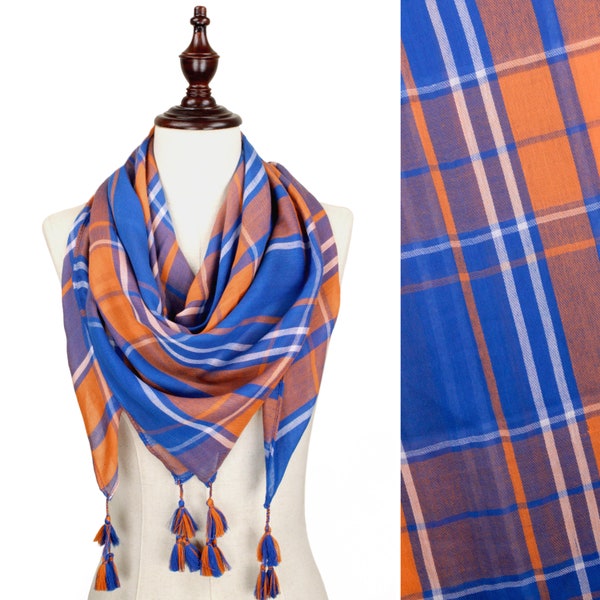 Vibrant Royal Blue and Orange Game Day Plaid  Scarf with Fringe