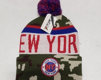 New York City Name Camo/Red/Blue LINED  Beanie