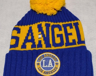 LOS ANGELES Royal Blue and Gold Long Cuff Pom Beanie with Embroidered Patch