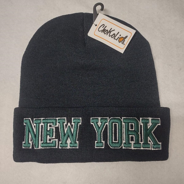 NEW YORK Football Black  Beanie with Green/White raised 3D Embroidery!   Adult one size will easily stretch to fit most all!  Great Quality!