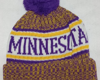 Minnesota  Knit Beanie: Purple Gold Marled Pom Hat