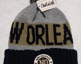 New Orleans Ribbed Knit Pom Beanie, Embroidered Patch