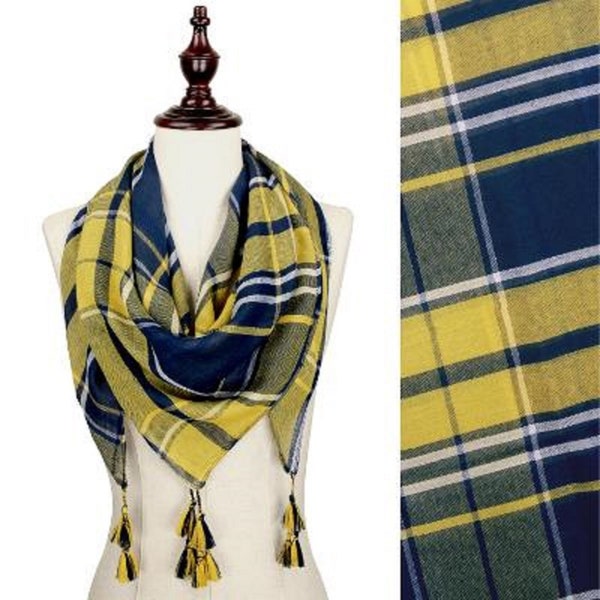 Navy Blue and Gold Team Color Game Day Plaid Square Scarf with Tassels