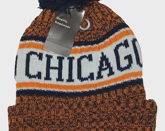 CHICAGO Football Marled Navy/Orange/White Tri color Pom Beanie! Adult one size will easily stretch to fit most all! Great Quality! Warm!