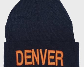 DENVER  Navy Blue Beanie with Orange Embroidery! Adult one size will easily stretch to fit most all! Great Quality!